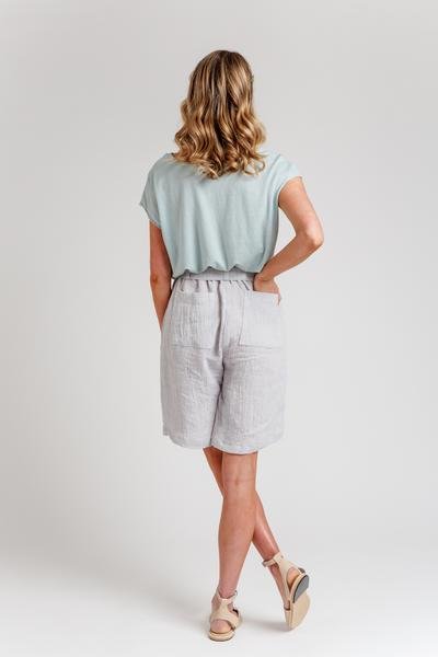 Megan Nielsen Opal sewing pattern for high-waist pants and shorts with paper bag and elastic waist options