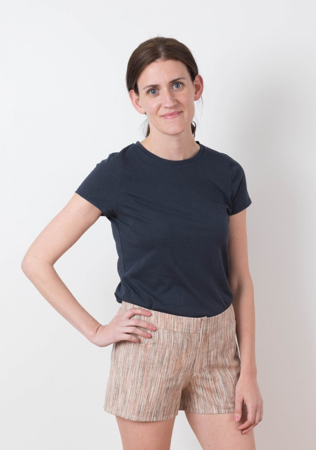 Grainline Studio Maritime Shorts sewing pattern with curved front pockets, back patch pockets, fly closure, sizes 0–18