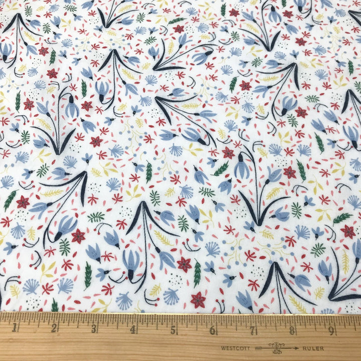 Cotton Viscose Voile Floral Party White fabric showing sky blue, coral, pink, green, and wheat floral pattern