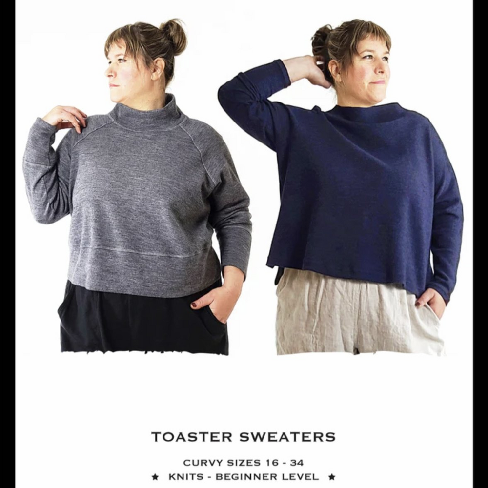 Sew House Seven Toaster Sweaters pattern for curvy sizes, featuring high neck and hi-low hem sweater designs.