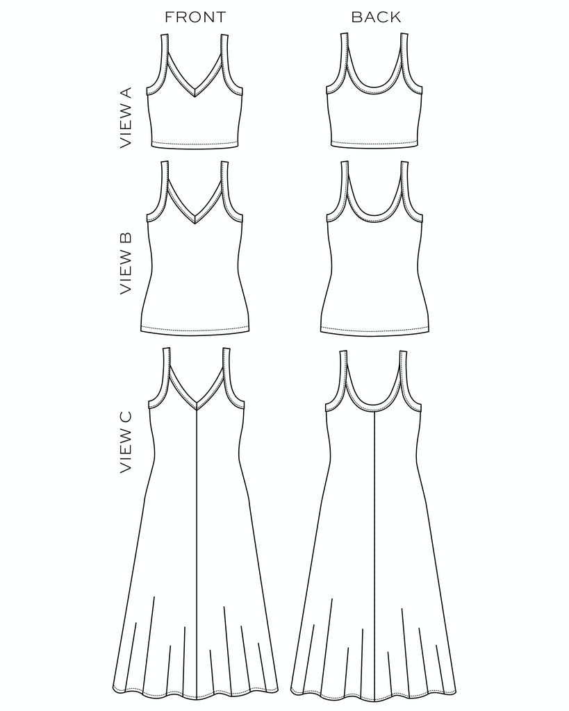 True Bias Zoey Tank & Dress sewing pattern with cropped tank, hip-length tank, and fit-and-flare dress variations in sizes 0–32.