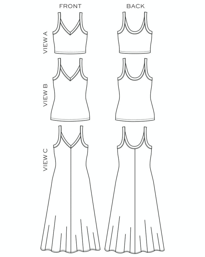 True Bias Zoey Tank & Dress sewing pattern with cropped tank, hip-length tank, and fit-and-flare dress variations in sizes 0–32.