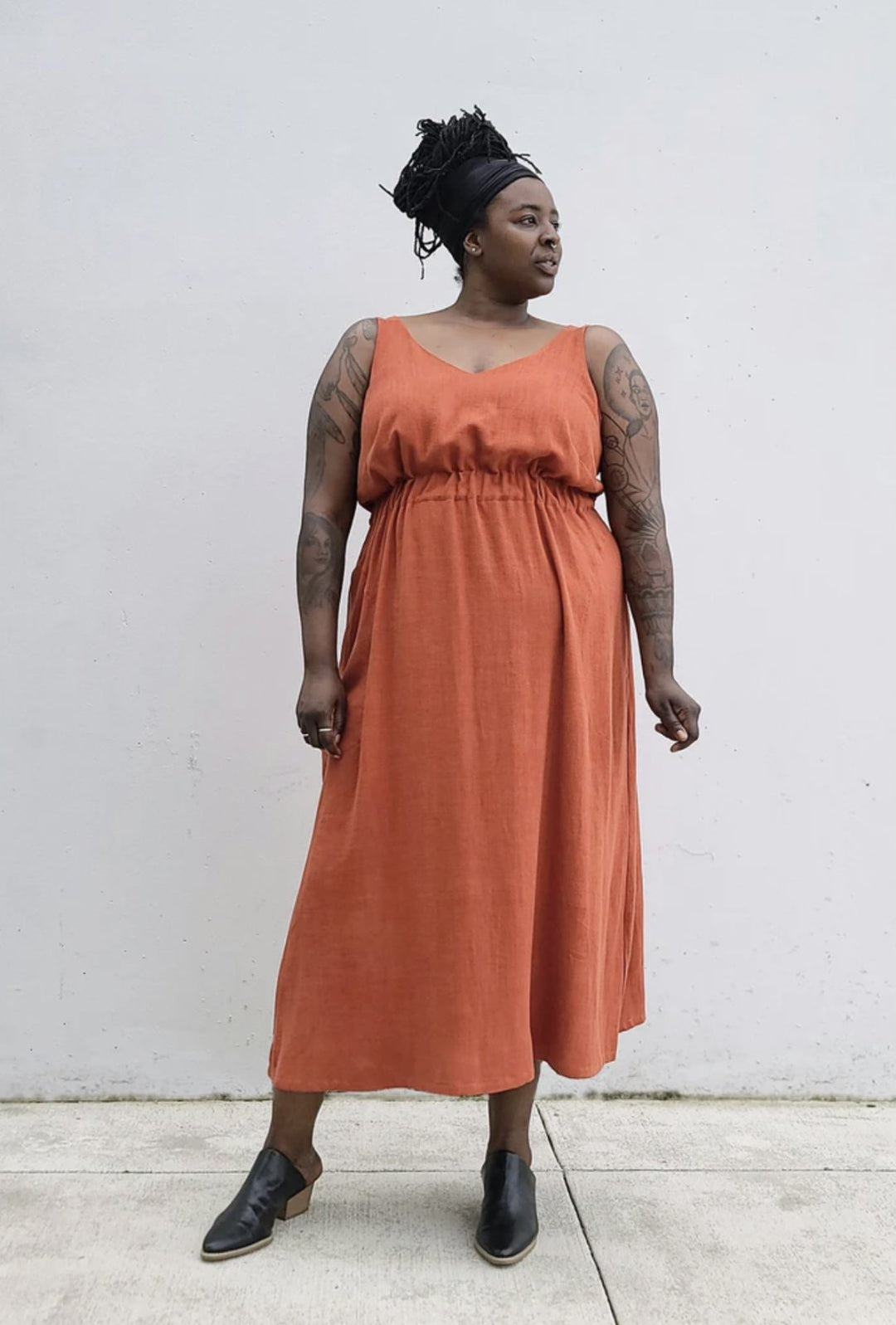 Sew House Seven Sauvie Sundress sewing pattern for curvy sizes with V-necklines, narrow straps, and pocket variations.