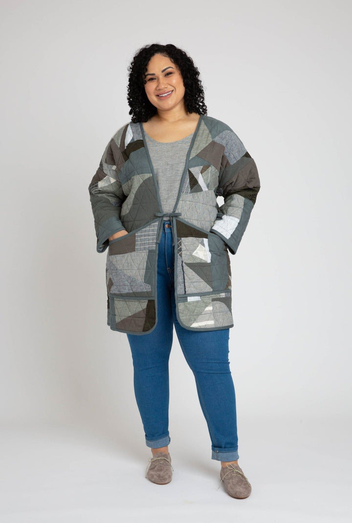 Megan Nielsen Hovea sewing pattern for curvy sizes, featuring loose-fit drop shoulder jackets and coats with multiple lengths