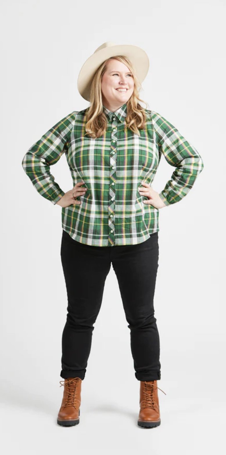Cashmerette Vernon Shirt sewing pattern featuring classic and fashion-forward button-up styles with curve-friendly fit, sizes 0–32.