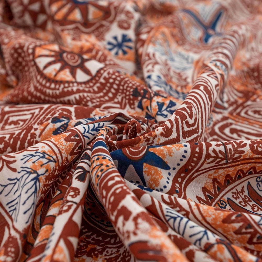 Cotton Lawn Spice Sunset Batik – 100% cotton, 54 inches wide, lightweight breathable fabric for sewing blouses, dresses, and bohemian-style garments