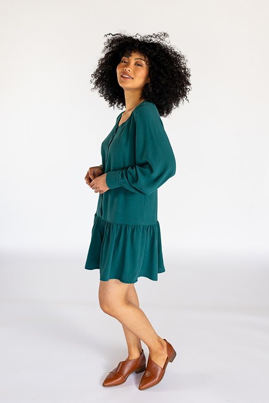 Chalk & Notch Wren Blouse & Dress sewing pattern with button-front and statement sleeves