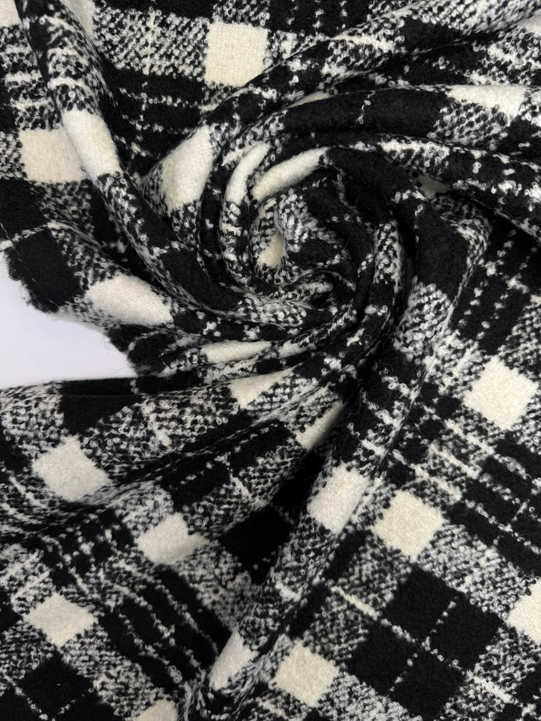 Black and white plaid tweed bouclé wool blend fabric, Italian twill weave, 55-inch wide, ideal for coats, jackets, skirts, and tailored suits