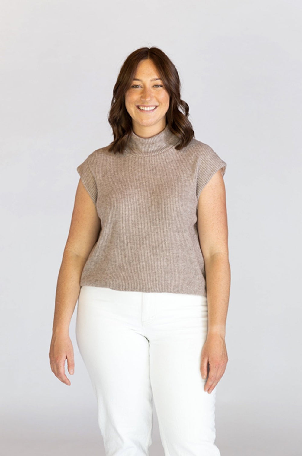 Chalk & Notch Max Tee sewing pattern with cropped and hip-length options, muscle tee shoulders, and three neckline finishes in sizes 0–30.