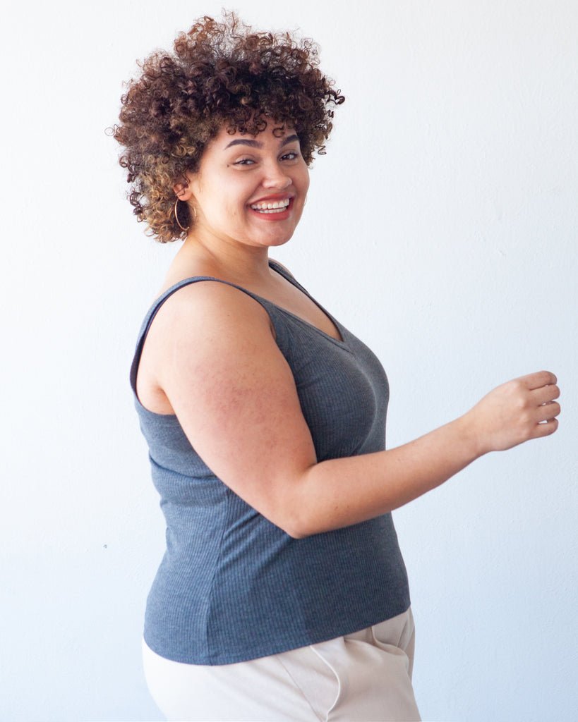 True Bias Zoey Tank & Dress sewing pattern with cropped tank, hip-length tank, and fit-and-flare dress variations in sizes 0–32.