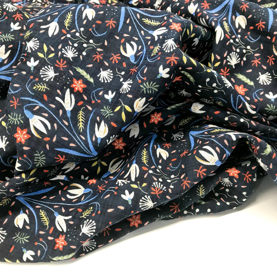 Cotton Viscose Voile Floral Party in Navy lightweight fabric with multicolor floral print