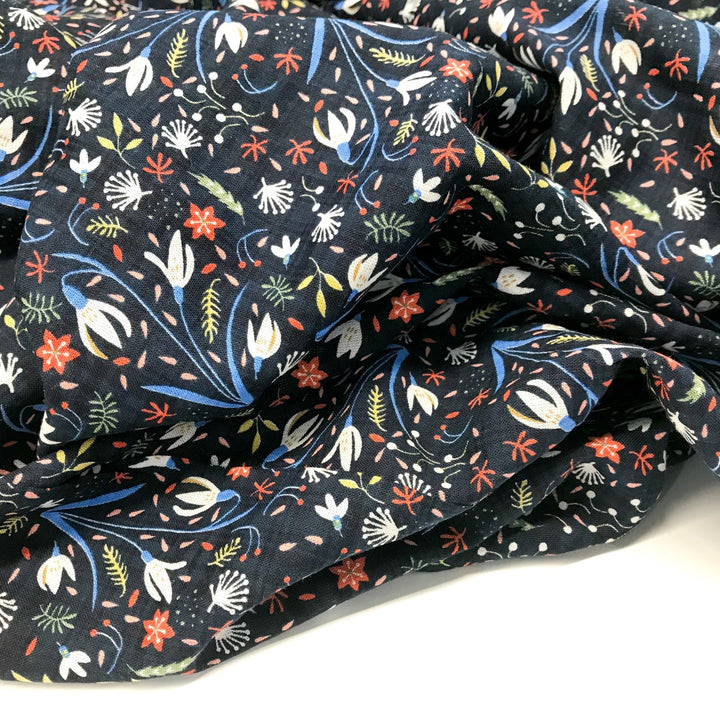 Cotton Viscose Voile Floral Party in Navy lightweight fabric with multicolor floral print