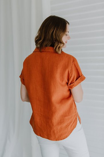 Sew to Grow Sydni Shirt-Dress pattern showing optional collar, front pleated pockets, and tie belt.