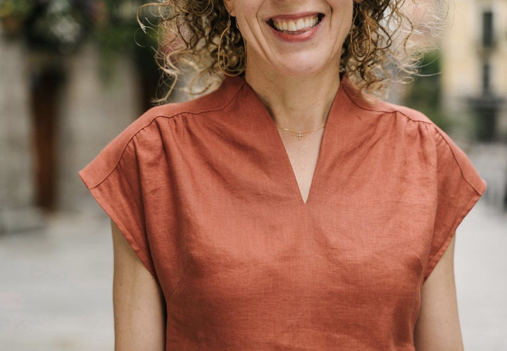 Liesl + Co Fira Dress and Top sewing pattern with V-neckline and yoke details
