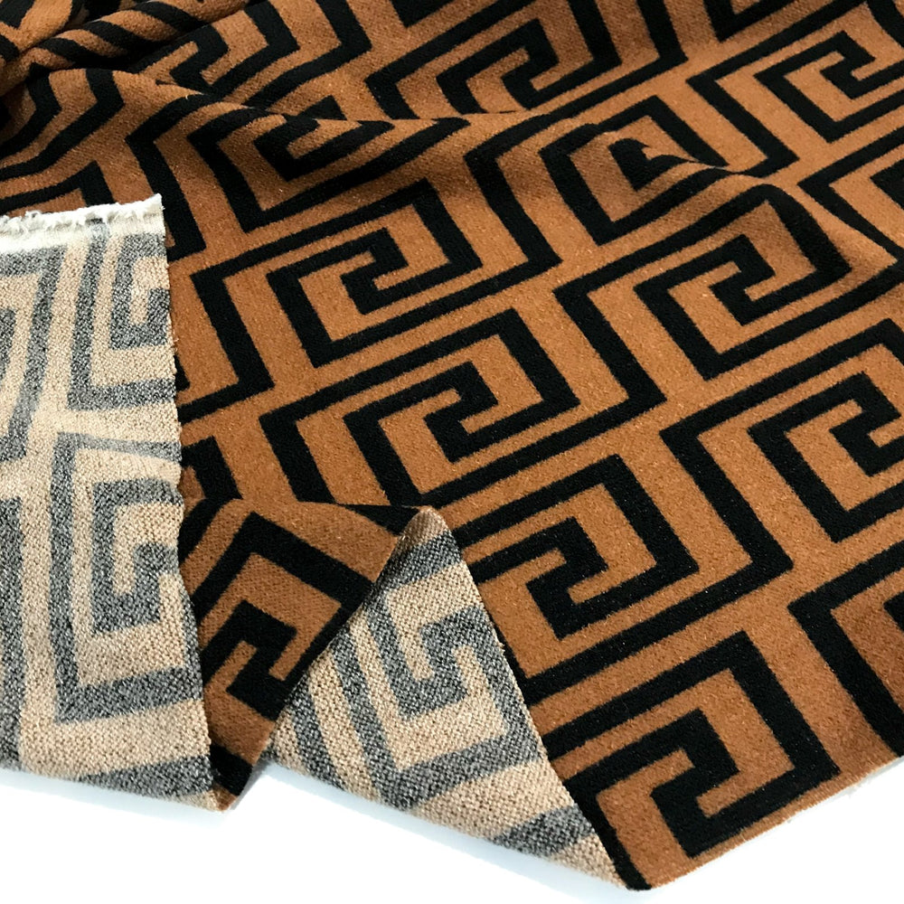 Copper Black Greek Key Hacci Sweater Knit Fabric - Rayon Spandex Poly Blend - Geometric Pattern Material for Cardigans & Pullovers