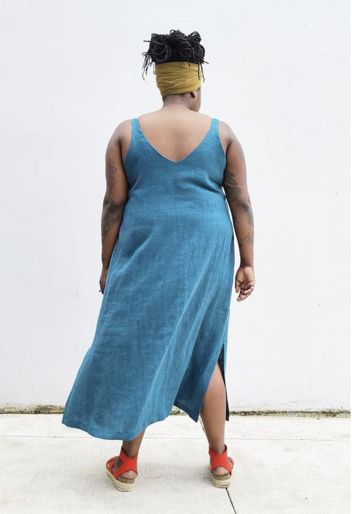 Sew House Seven Sauvie Sundress sewing pattern for curvy sizes with V-necklines, narrow straps, and pocket variations.