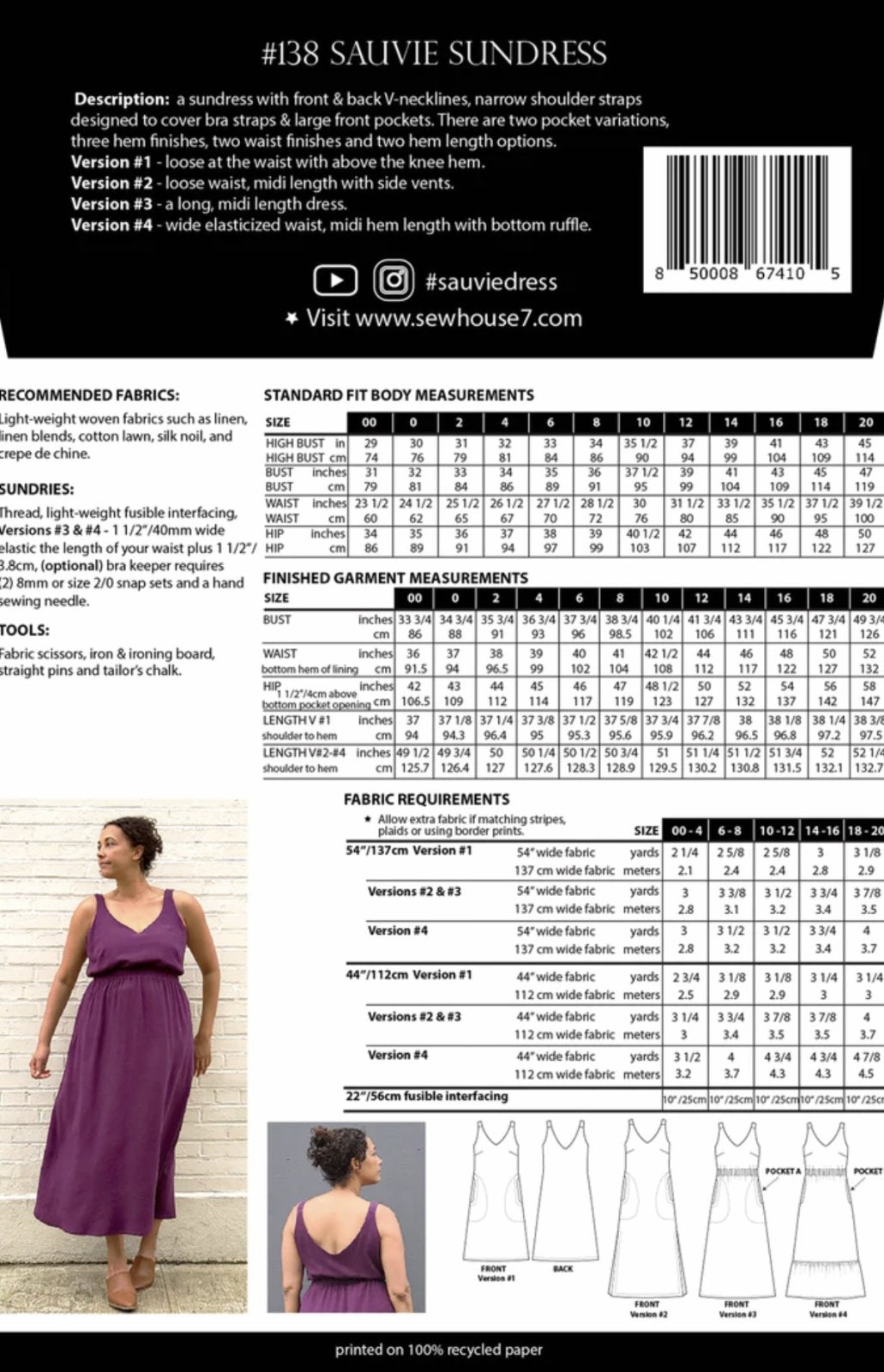 Sew House Seven Sauvie Sundress sewing pattern for standard sizes 00–20 with strappy V-neck design, pocket variations, and customizable lengths.