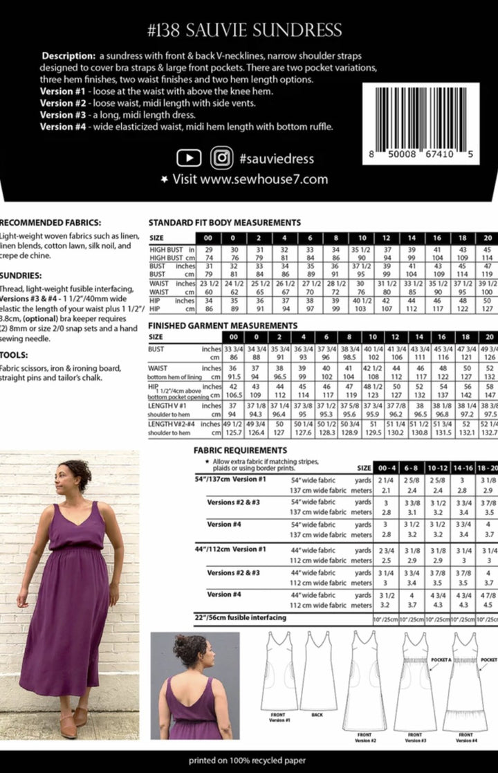 Sew House Seven Sauvie Sundress sewing pattern for standard sizes 00–20 with strappy V-neck design, pocket variations, and customizable lengths.