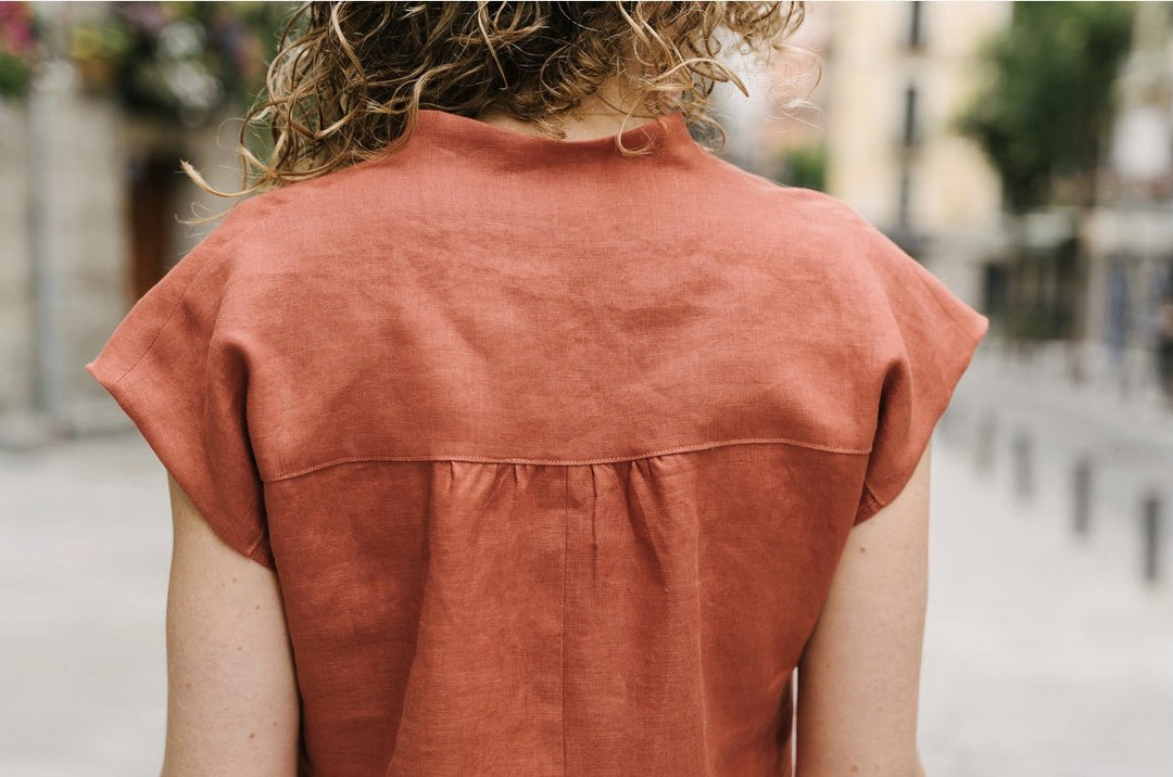 Liesl + Co Fira Dress and Top sewing pattern with V-neckline and yoke details