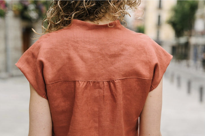 Liesl + Co Fira Dress and Top sewing pattern with V-neckline and yoke details