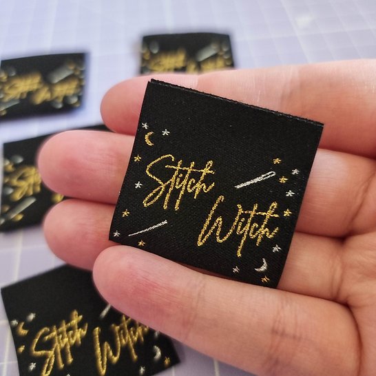 SA Labels Stitch Witch metallic garment tags with gold and silver lurex for magical sewing projects