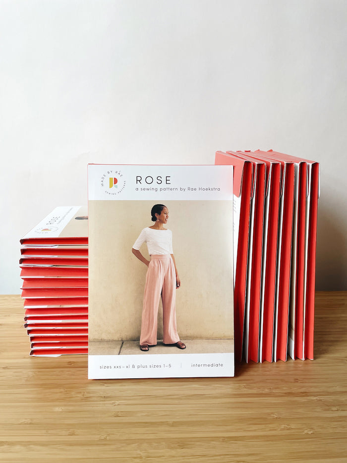 Made By Rae Rose Pants pattern featuring high-waisted design with slash pockets and pleated front