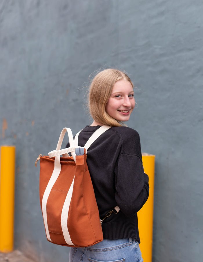Noodlehead Buckthorn Backpack and Tote sewing pattern for DIY zip-top organizer bag with pockets