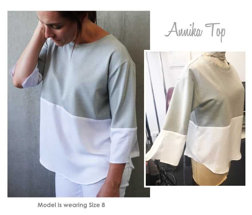 Style Arc Annika Top sewing pattern with dropped shoulder and woven split cuff design