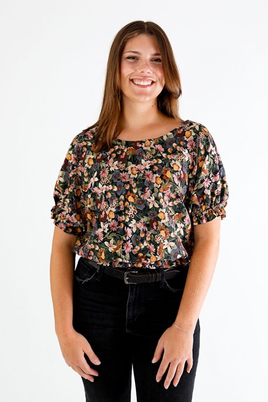 Chalk & Notch Aria Top sewing pattern – bubble-shaped woven blouse with elastic hems and optional ruffles for sizes 0-30