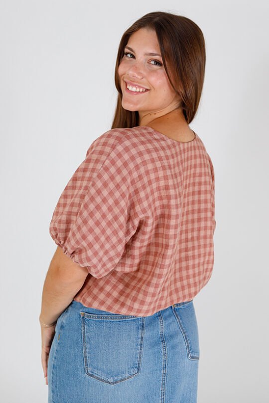 Chalk & Notch Aria Top sewing pattern – bubble-shaped woven blouse with elastic hems and optional ruffles for sizes 0-30