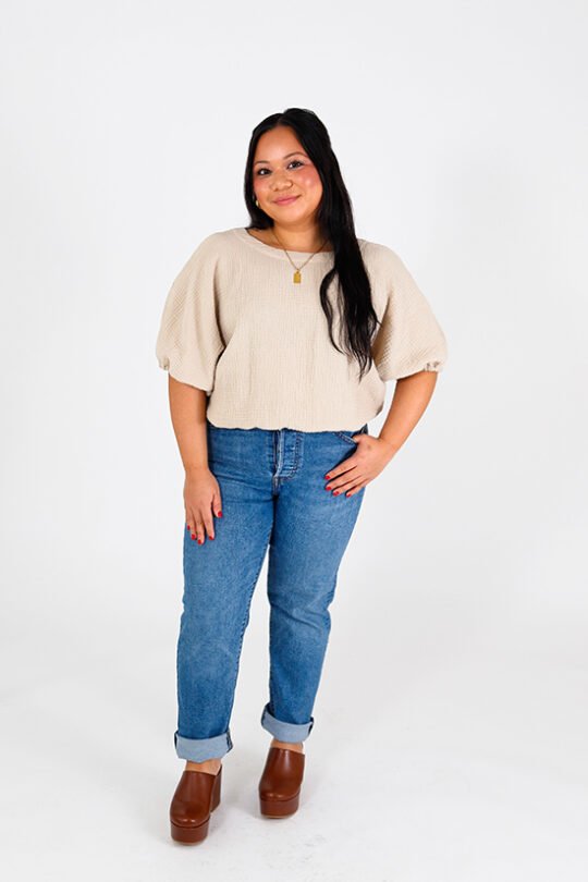 Chalk & Notch Aria Top sewing pattern – bubble-shaped woven blouse with elastic hems and optional ruffles for sizes 0-30