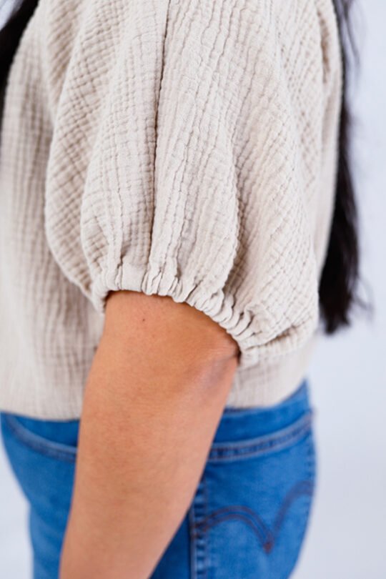 Chalk & Notch Aria Top sewing pattern – bubble-shaped woven blouse with elastic hems and optional ruffles for sizes 0-30