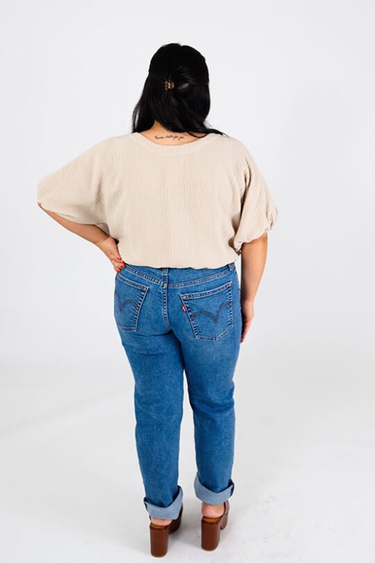 Chalk & Notch Aria Top sewing pattern – bubble-shaped woven blouse with elastic hems and optional ruffles for sizes 0-30