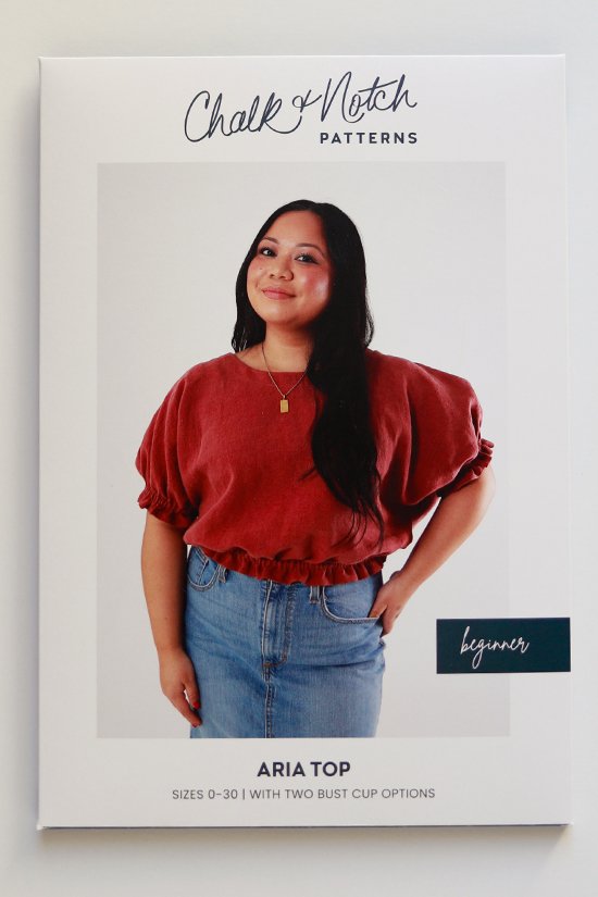 Chalk & Notch Aria Top sewing pattern – bubble-shaped woven blouse with elastic hems and optional ruffles for sizes 0-30