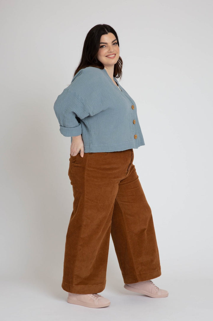 Megan Nielsen Hovea sewing pattern for curvy sizes, featuring loose-fit drop shoulder jackets and coats with multiple lengths