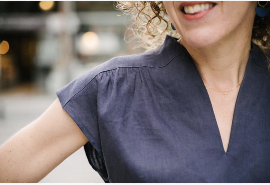 Liesl + Co Fira Dress and Top sewing pattern with V-neckline and yoke details