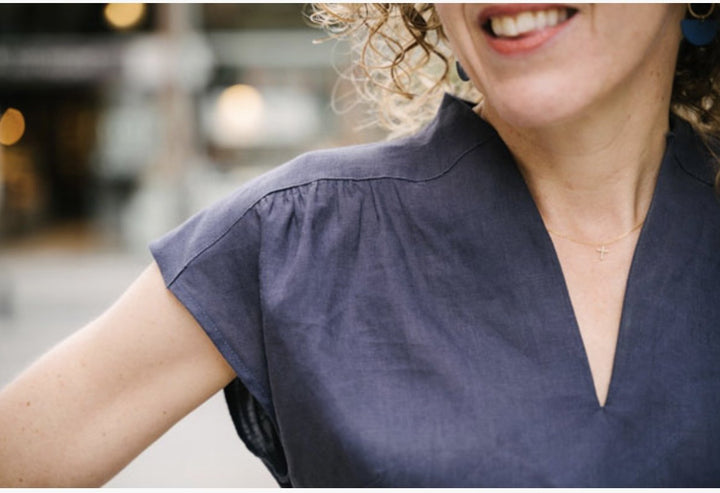 Liesl + Co Fira Dress and Top sewing pattern with V-neckline and yoke details