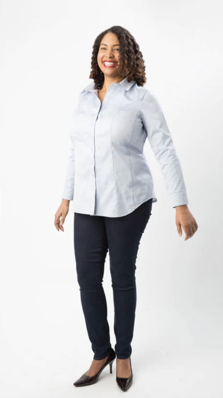 Cashmerette Harrison Shirt sewing pattern featuring a curve-friendly button-down with princess seams, classic collar, and tailored fit in sizes 12–32.