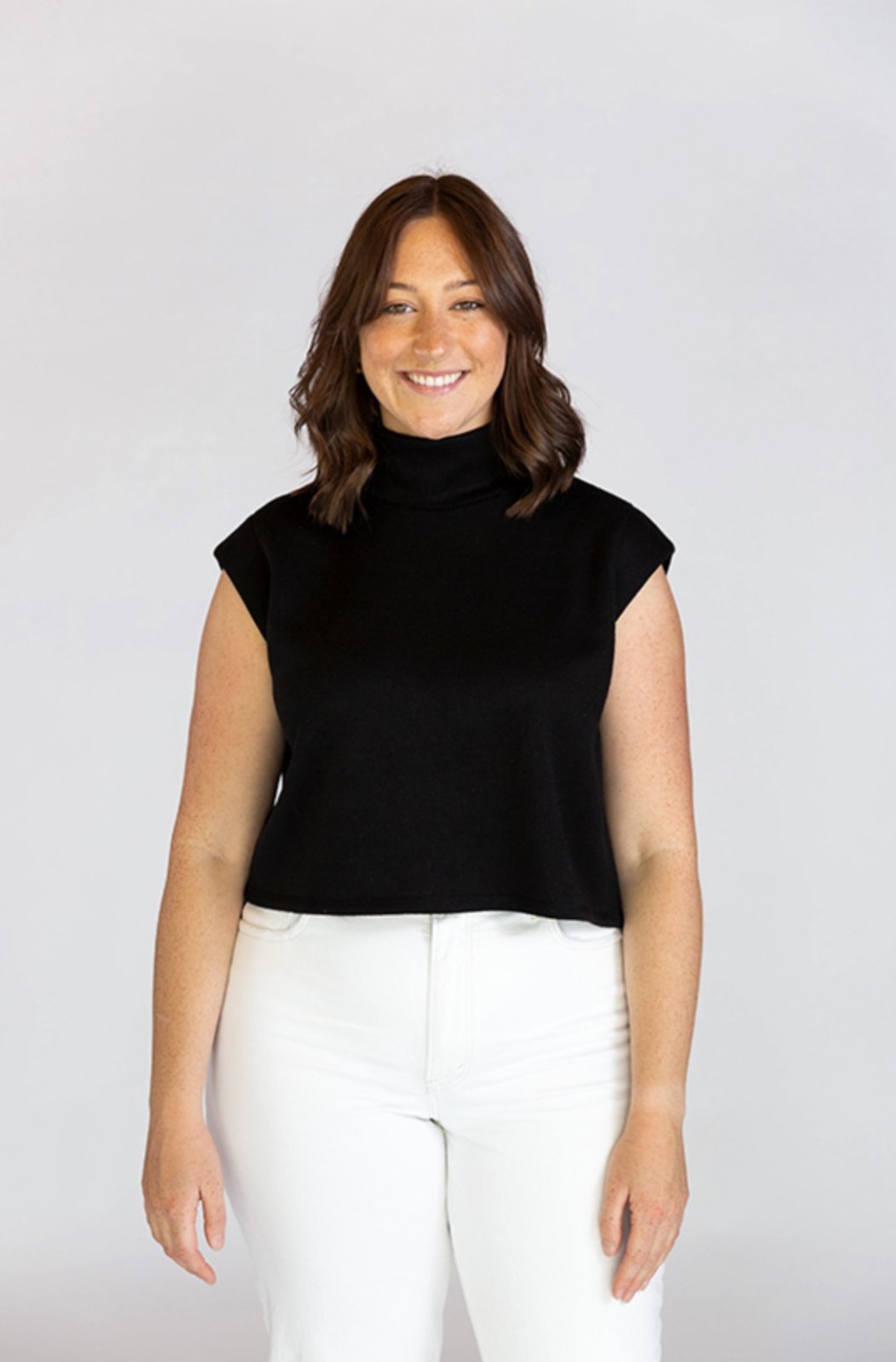 Chalk & Notch Max Tee sewing pattern with cropped and hip-length options, muscle tee shoulders, and three neckline finishes in sizes 0–30.