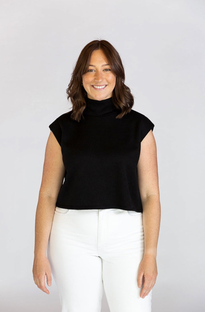 Chalk & Notch Max Tee sewing pattern with cropped and hip-length options, muscle tee shoulders, and three neckline finishes in sizes 0–30.