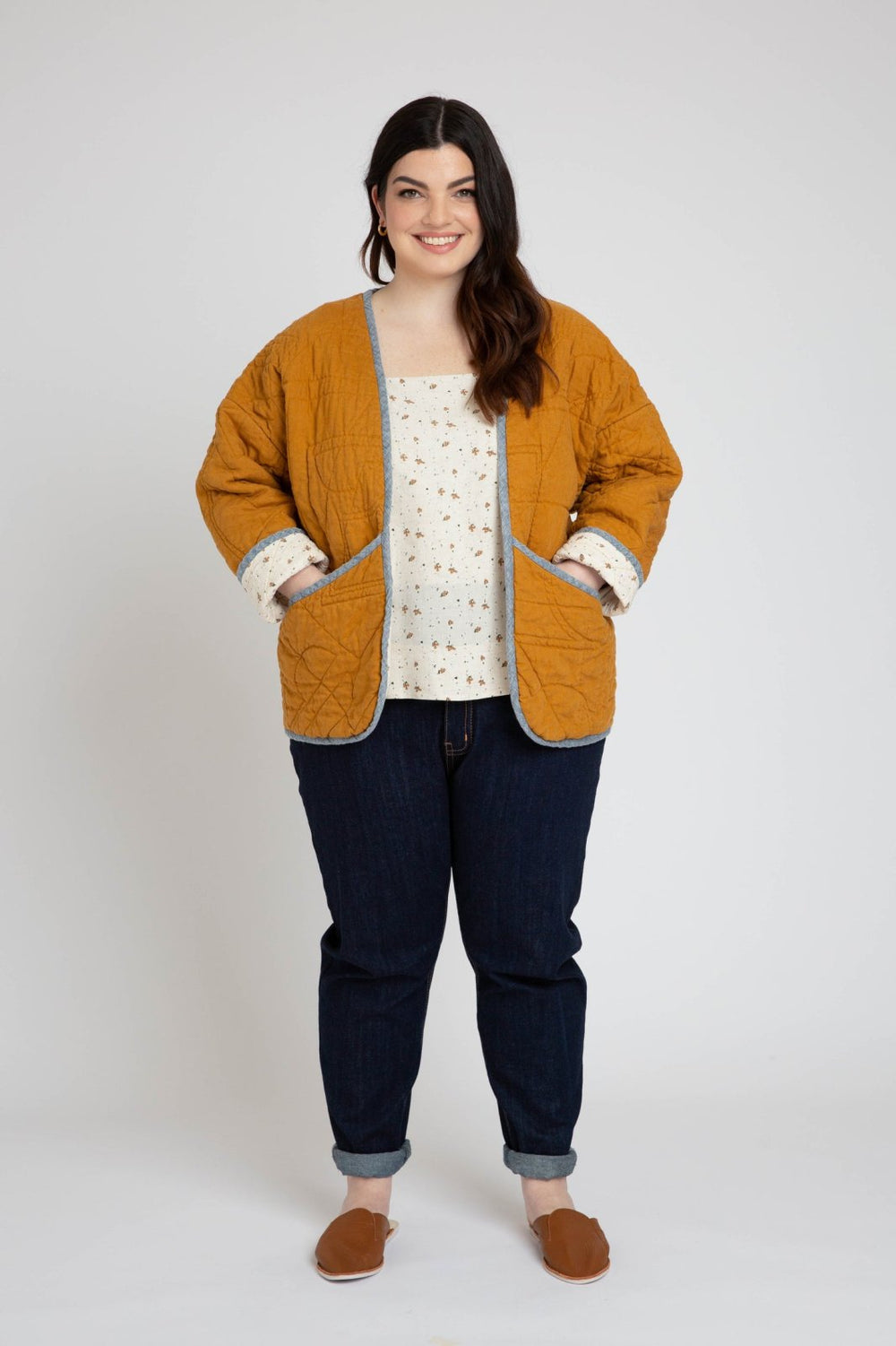 Megan Nielsen Hovea sewing pattern for curvy sizes, featuring loose-fit drop shoulder jackets and coats with multiple lengths