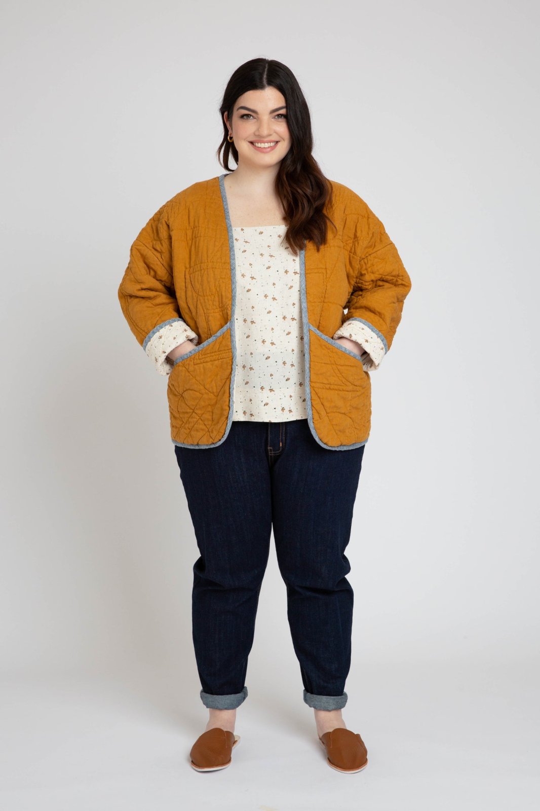 Megan Nielsen Hovea sewing pattern for curvy sizes, featuring loose-fit drop shoulder jackets and coats with multiple lengths