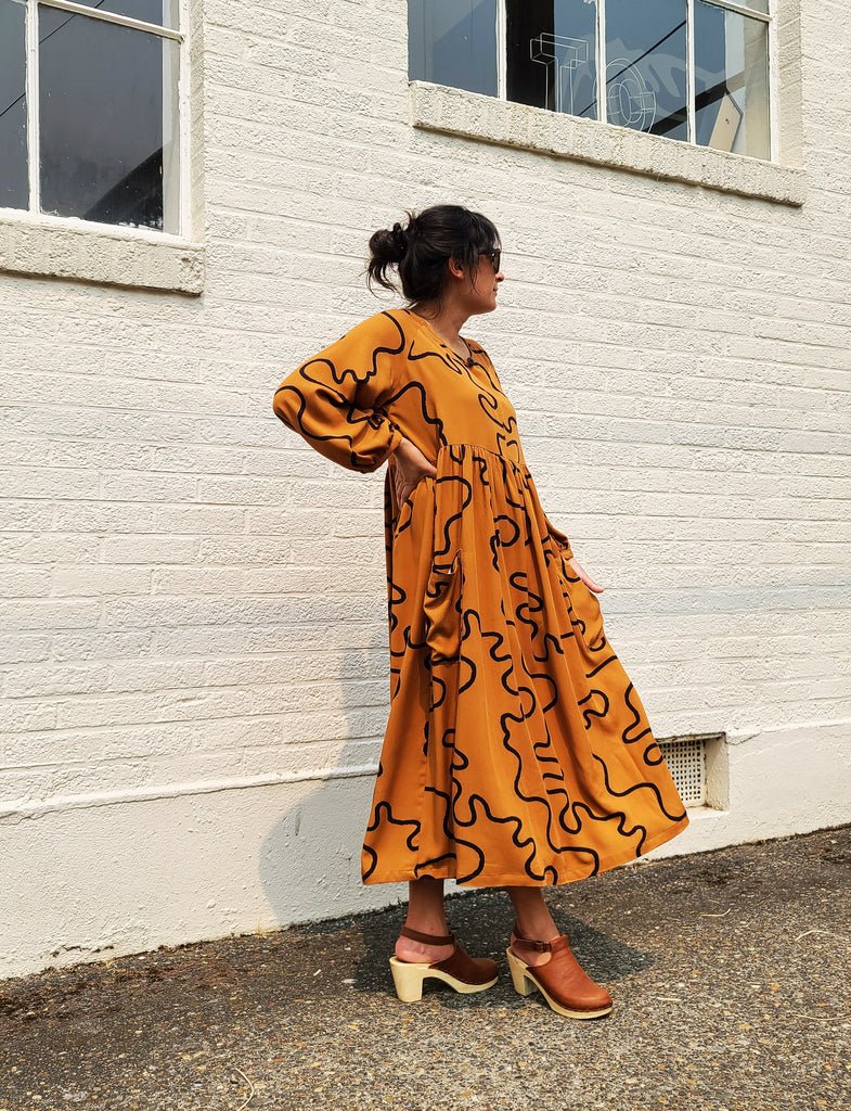 Sew House Seven Romey Gather Dress and Top sewing pattern, keyhole neckline, gathered empire waist, and patch pockets