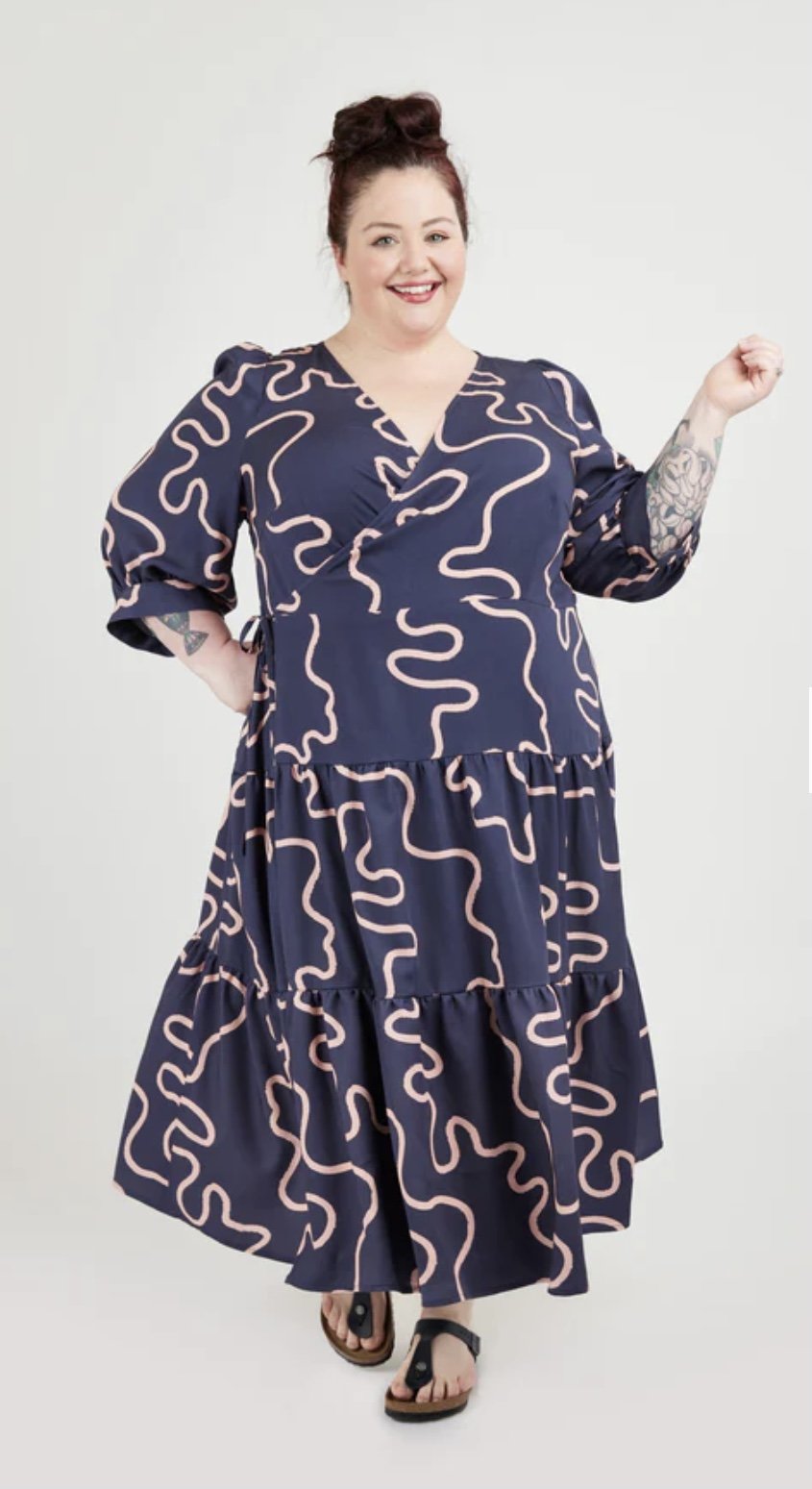 Cashmerette Roseclair Dress sewing pattern with wrap design, three sleeve and skirt variations, and curve-friendly fit in sizes 0–32.