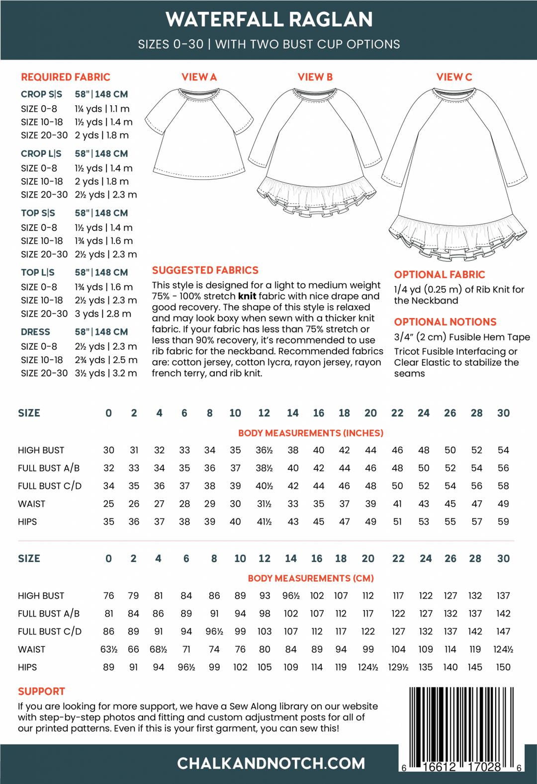 Chalk & Notch Waterfall Raglan sewing pattern with cropped, ruffle top, and ruffle dress options