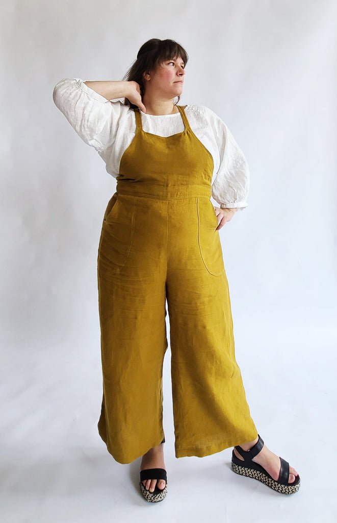 Sew House Seven Burnside Bibs Curvy Fit sewing pattern, scooped or straight front bib, cross-back straps, wide-leg pants