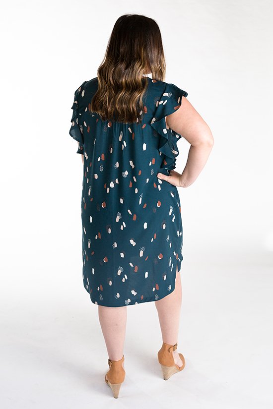 Chalk & Notch Farrah Blouse & Dress sewing pattern with ruffle details and high-low hemline