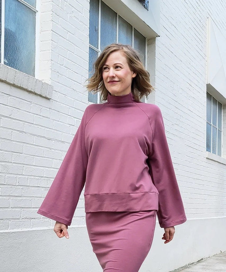 Sew House Seven Cosmos Sweatshirt and Elemental Pencil Skirt sewing pattern, oversized raglan top and high-waist pencil skirt