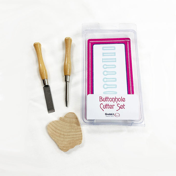 Buttonhole cutter set with straight blade, circular punch, and hardwood cutting block