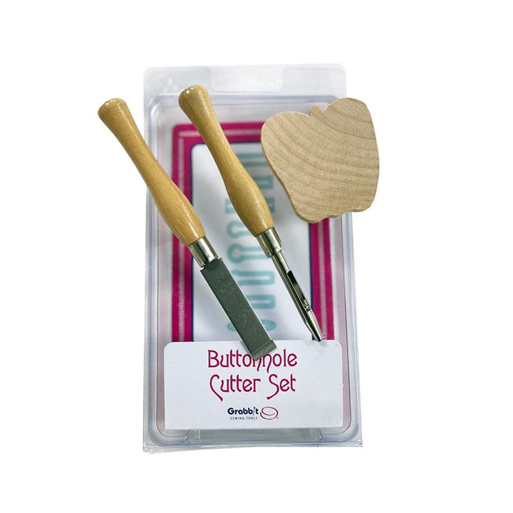Buttonhole cutter set with straight blade, circular punch, and hardwood cutting block